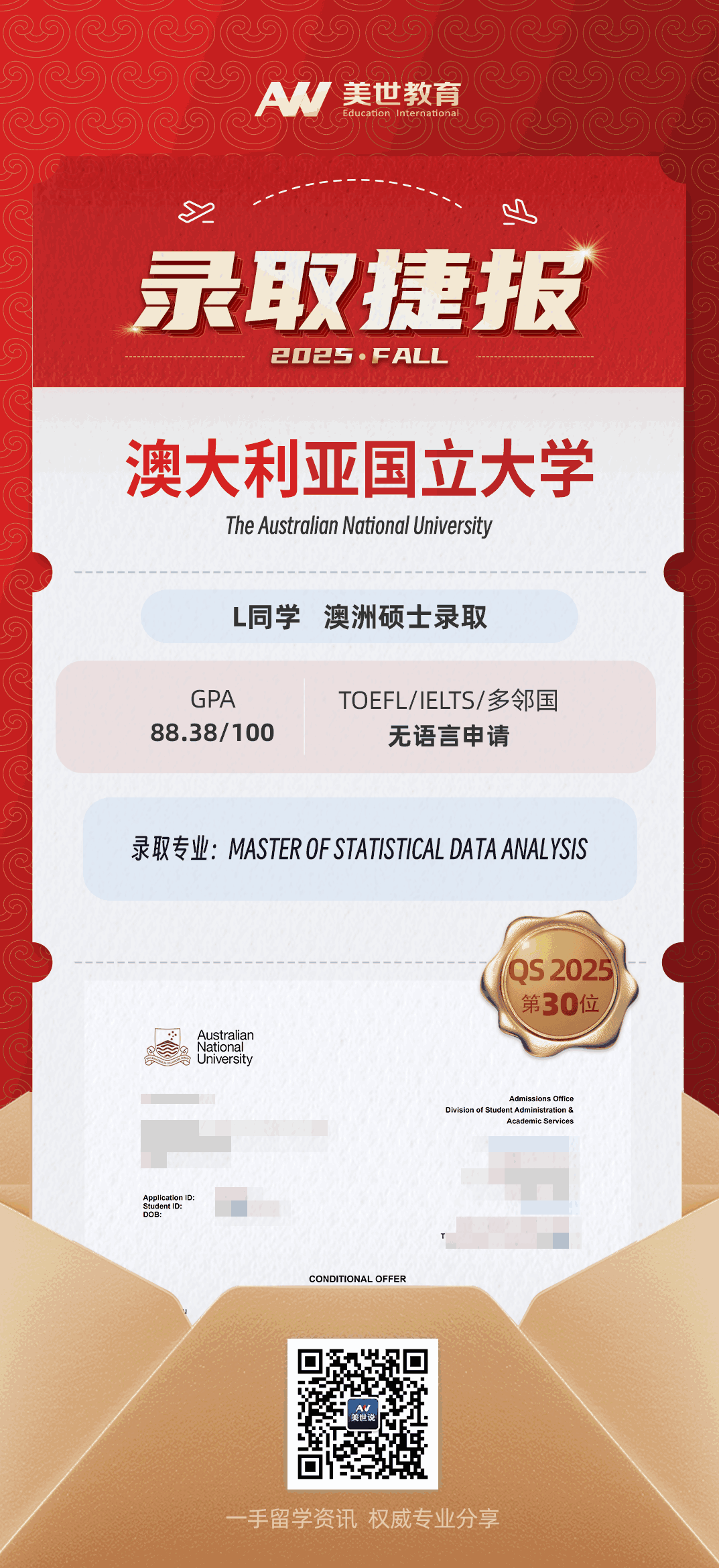 美世捷报|恭喜L同学斩获澳大利亚国立大学硕士offer